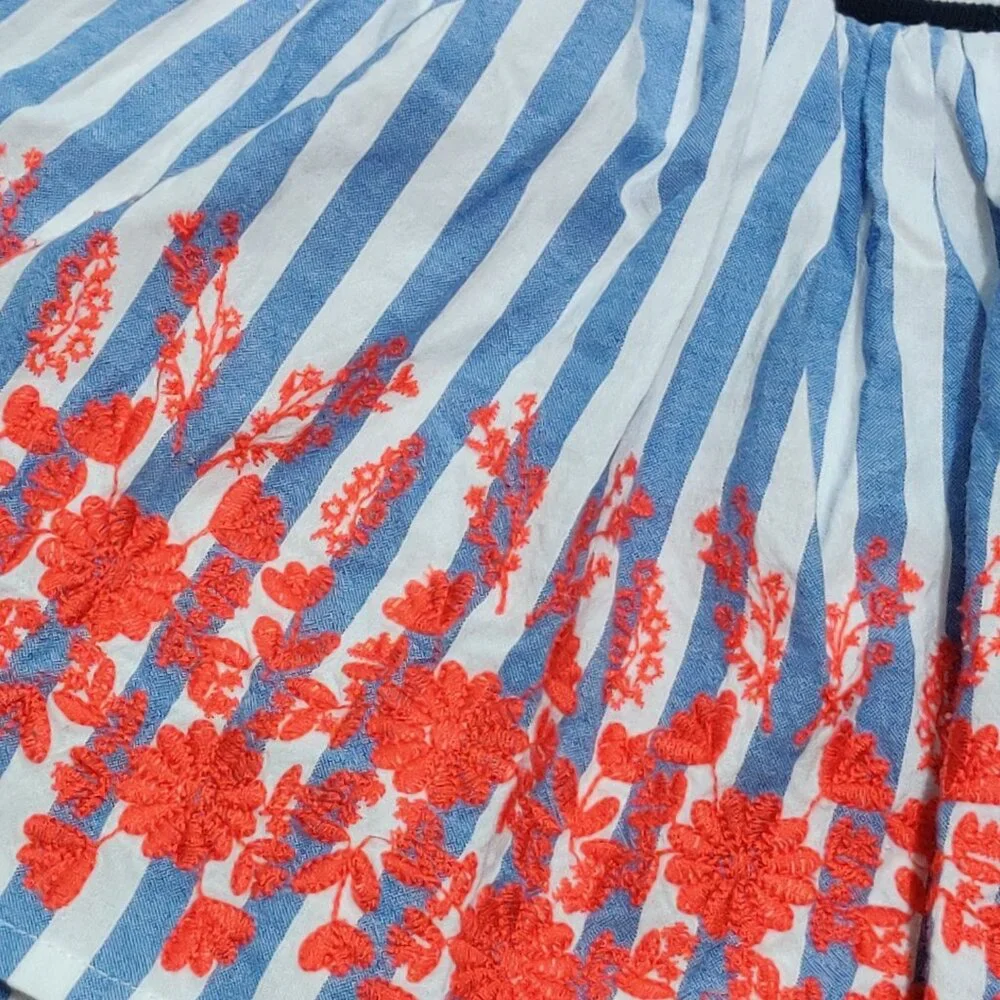 Seed Heritage Girls 5 Blue White Stripe Cotton Skirt Red Floral Embroidery Kids